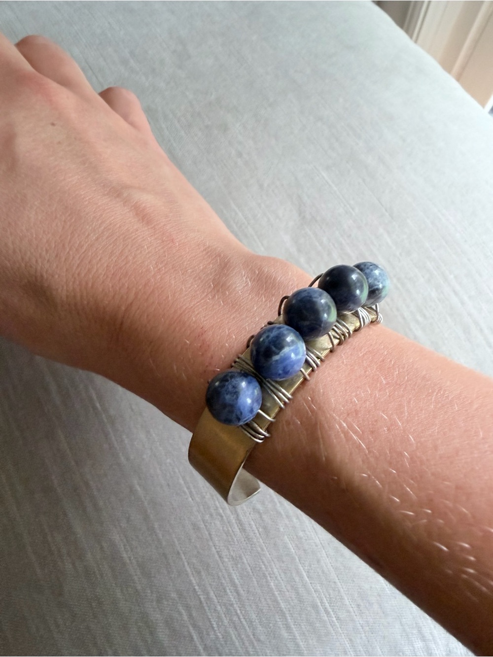 Chunky Gold Cuff Bracelet with Blue Sodalite Beads